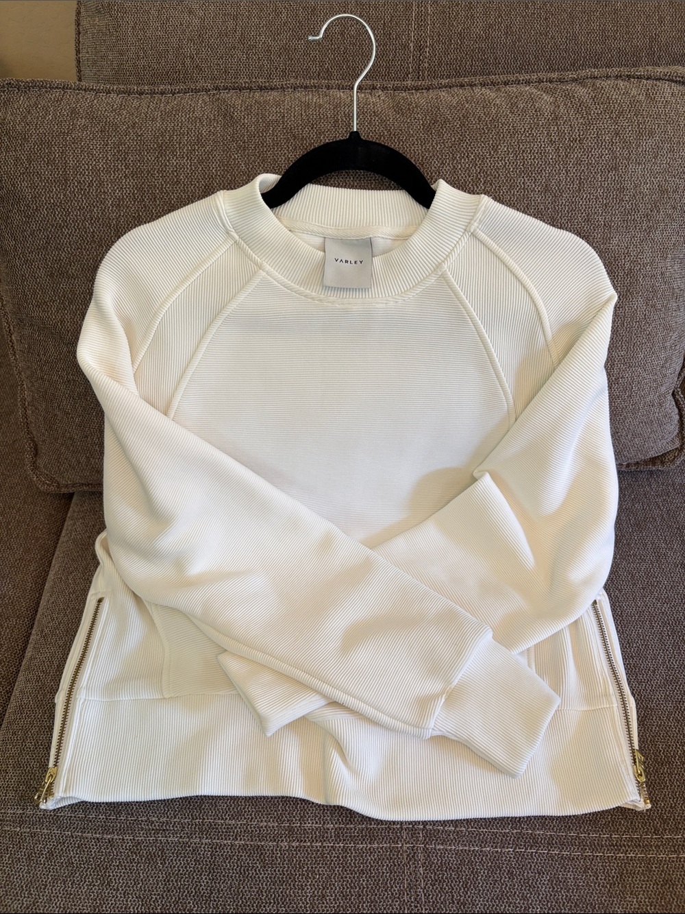 Varley Cream Ribbed Crew Sweatshirt with Side Zips